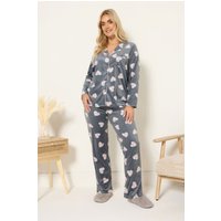 Yours Yours Damen Pyjamaset in Grau mit Animal und Herzprint aus Fleece in Größe 50-52 | Polyester