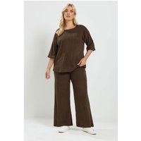 Yours Yours Damen Geripptes Hosenset in Schokobraun mit Weitem Bein in Größe 62-64 | Polyester/Elasthan/Viskose