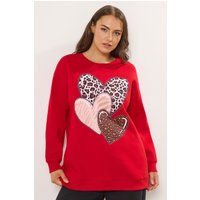 Yours Yours Damen Sweatshirt in Rot mit Dreifachem Herzprint in Größe 44 | Baumwolle/Polyester