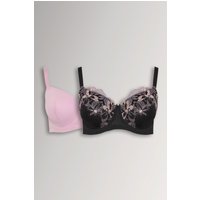 Yours Yours Fuller Bust Lingerie Wattierter BH in Schwarz und Rosa mit Blumenstickerei, 2er Pack in Größe 100F | Polyester/Elasthan/Polyamid