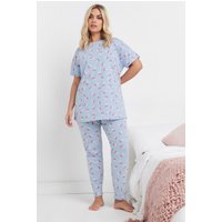 Yours Yours Damen Pyjamaset in Hellblau mit Kirsch und Schleifchenprint in Größe 46-48 | Baumwolle