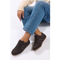 Yours Yours Damen Gestreifte Retrosneaker in Braun mit Extra Weiter Eeepassform in Größe 40EEE | Textil