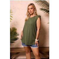 Yours Damen Yours – Trägershirt in Khaki mit Lochstickerei und Rüschen in Größe 44 | Baumwolle