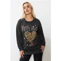 Yours Yours Damen Verziertes Sweatshirt in Grau mit „True Love Feeling“Schriftzug und Herzmotiv in Größe 50-52 | Baumwolle/Polyester