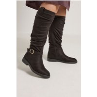 Yours Yours Damen Kniehohe Stiefel in Braun aus Wildlederimitat mit Schnalle, in Extra Weiter E-Passform in Größe 37E