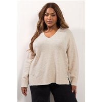 Yours Yours Damen Pullover in Naturbraun mit Deckenstich und Kragen in Größe 46-48 | Polyester/Elasthan/Acryl