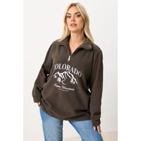 Yours Yours Damen Fleece in Schokobraun mit „Colorado“Schriftzug und Kurzem Zip in Größe 50-52 | Polyester