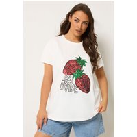 Yours Yours Damen PaillettenT-Shirt in Weiß mit Erdbeerprint in Größe 46 | Baumwolle