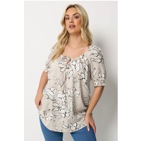 Yours Damen Yours – Bluse in Naturbraun mit Blumenmuster und Schleife am Ausschnitt in Größe 48 | Viskose