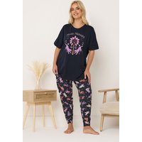 Yours Yours Damen Pyjamaset „Mystic Midnight“ in Marineblau mit Bündchen in Größe 50-52 | Baumwolle