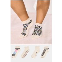 Yours Yours Damen Knöchelhohe Socken in Creme mit Animalprint, 4er Set in Größe 37-40 | Baumwolle/Polyester/Elasthan
