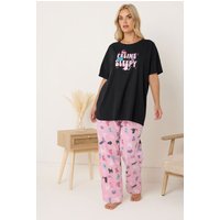 Yours Yours Damen Pyjamaset in Schwarz mit Weitem Bein und Feline Sleepy“Slogan in Größe 46-48 | Baumwolle