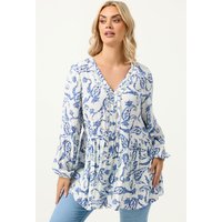 Yours Yours Damen Bluse in Blau mit Rüschen und Paisleymuster in Größe 58-60 | Polyester/Elasthan