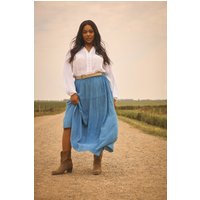 Yours Yours Damen Gestufter Midirock in Blau aus Chambray in Größe 50-52 | Viskose