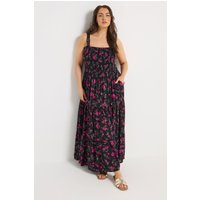 Yours Yours Damen Gerafftes Kleid in Schwarz mit Blumenmuster in Größe 44 | Baumwolle