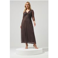 Yours London Yours London Damen Kleid in Schokoladenbraun mit Punkten und Knotendetail Vorn in Größe 54-56 | Polyester/Elasthan