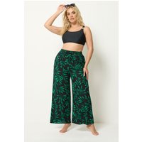 Yours Yours Damen Hose mit Weitem Bein in Schwarz und Grün mit Blätterprint und Crinkleeffekt in Größe 42-44 | Viskose