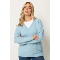 Yours Damen Yours – Pullover in Blau aus Softtouchgewebe mit V-Ausschnitt in Größe 62-64 | Polyester/Elasthan/Acryl