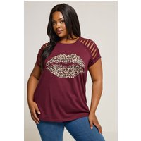 Yours Yours Damen T-Shirt in Rot mit Leoprint und Lippenmotiv in Lasercutoptik in Größe 62-64 | Baumwolle/Polyester