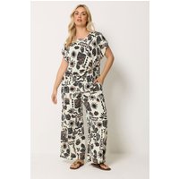 Yours Yours Damen Hose in Naturbraun mit Sommerprint und Weitem Bein in Knitteroptik in Größe Regular 50-52 | Polyester/Elasthan