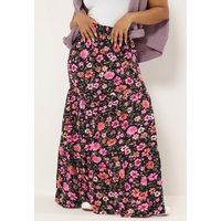 Yours Yours Damen Gestufter Maxirock in Schwarz mit Blumenmuster in Größe 48 | Elasthan/Viskose