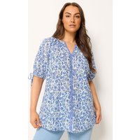 Yours Yours Damen Bluse in Blau mit Blumenmuster und Kontrastierendem Besatz in Größe 58-60 | Baumwolle