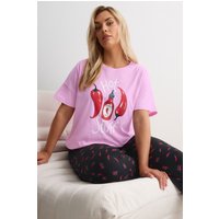 Yours Yours Damen Gestreiftes Pyjamaset in Rosa mit Weitem Bein und Hot Stuff“Slogan in Größe 54-56 | Baumwolle