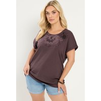 Yours Yours Damen T-Shirt in Braun mit Lochstickerei und Überschnittenen Ärmeln in Größe 54-56 | Baumwolle