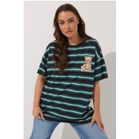 Yours Yours Damen T-Shirt in Grün mit Streifen und Teddyprint in Größe 44 | Baumwolle