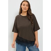 Yours Yours Damen Asymmetrisches T-Shirt in Schokobraun aus Satin mit Spitzensaum in Größe 46 | Baumwolle