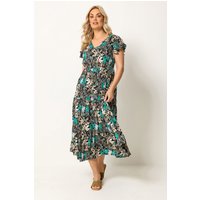Yours Damen Yours – Gesmoktes Kleid in Schwarz und Grün mit Blumenmuster in Größe 54-56 | Viskose