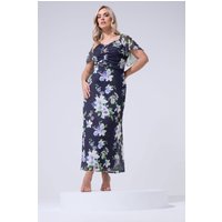 Yours London Damen Yours London – Geblümtes Maxikleid in Marineblau mit Keyholedetail in Größe 58-60 | Polyester/Elasthan