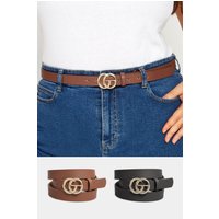 Yours Yours Damen Gürtel mit Doppeltem Reifen im 2er Set in Schwarz und Braun in Größe 54-56 | Polyurethan