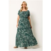 Yours Damen Yours – Carmenmaxikleid in Grün mit Blätterprint und Bindekragen in Größe 54-56 | Viskose
