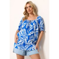 Yours Yours Damen Bluse in Dunkelblau mit Palmenblattmuster und Bindeband am Ausschnitt in Größe 48 | Polyester