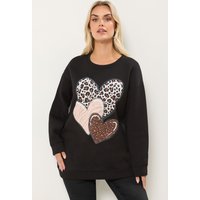 Yours Yours Damen Sweatshirt in Schwarz mit Leo und Herzprint in Größe 48 | Baumwolle/Polyester