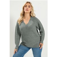 Yours Yours Damen Strickpullover in Grau mit V-Ausschnitt in Großen Größen in Größe 58-60 | Acryl