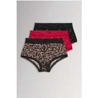 Yours Yours Plus Size Curve mittelhoch Geschnittene Shorts in Rot und Schwarz mit Leoprint und Spitze, 3er Set in Größe 58-60 | Elasthan/Polyamid