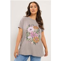 Yours Damen Yours – T-Shirt in Mokka mit Blumenmuster und Nieten in Größe 46 | Baumwolle/Polyester