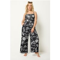Yours Yours Damen Hose mit Weitem Bein in Schwarz mit Sommerprint und Knitteroptik in Größe 50-52 | Viskose