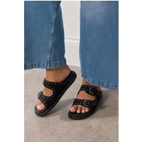 Yours Yours Damen Sandalen in Schwarz mit Nieten und Schnalle in Extra Weiter Eeepassform in Größe 39EEE | Textil/Synthetik