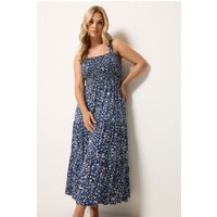 Yours Yours Damen Gesmoktes Midikleid in Blau mit Blümchenmuster in Größe 48 | Elasthan/Viskose