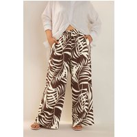 Yours Yours Damen Strukturierte Hose in Braun mit Palmenprint und Weitem Bein in Größe 54 | Polyester/Elasthan