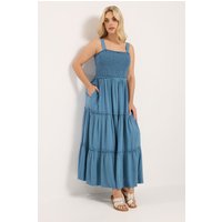 Yours Damen Yours – Gesmoktes Chambraymaxikleid in Blau mit Trägern in Größe 54-56 | Viskose