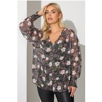 Yours London Yours London Damen Gesmokte Bluse in Schwarz mit Blumenmuster in Größe 58-60 | Polyester
