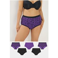Yours Yours Plus Size Curve Voll Bedeckende Slips in Lila mit Blumenmuster 5er Pack in Größe 66-68 | Baumwolle/Elasthan