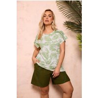 Yours Yours Damen T-Shirt in Grün mit Palmenprint und Zierbesatz in Größe 54-56 | Baumwolle