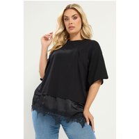 Yours Yours Damen T-Shirt in Schwarz aus Satin mit Spitzenbesatz in Größe 48 | Baumwolle