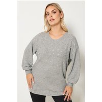 Yours Yours Damen Pullover in Hellgrau mit Strassverzierung in Größe 48 | Polyester/Elasthan/Viskose