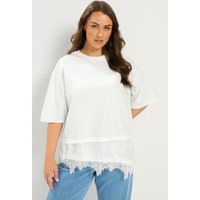 Yours Yours Damen T-Shirt in Weiß aus Satin mit Spitzenbesatz in Größe 42 | Baumwolle
